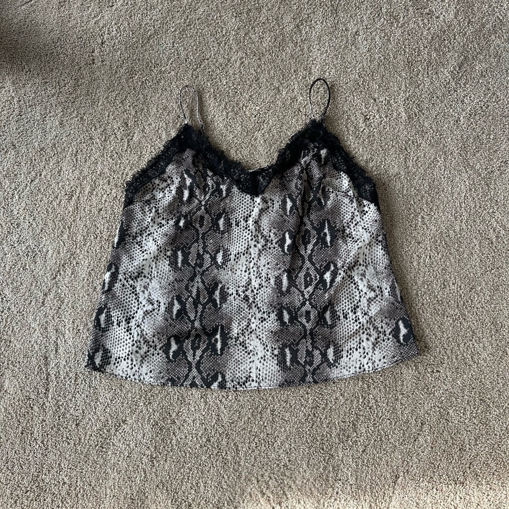 Lush Black and White Snake Print Cami with Lace Trim